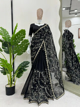 Premium Black Softsilk Handwork Designer Saree