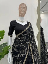 Premium Black Softsilk Handwork Designer Saree