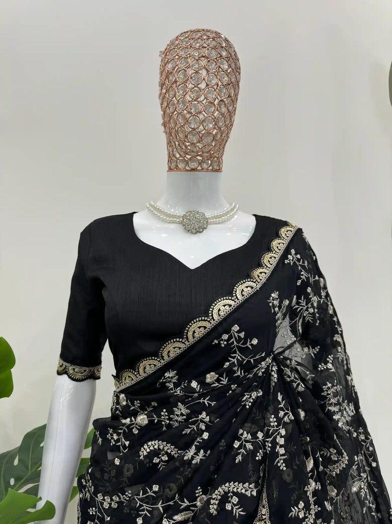 Premium Black Softsilk Handwork Designer Saree