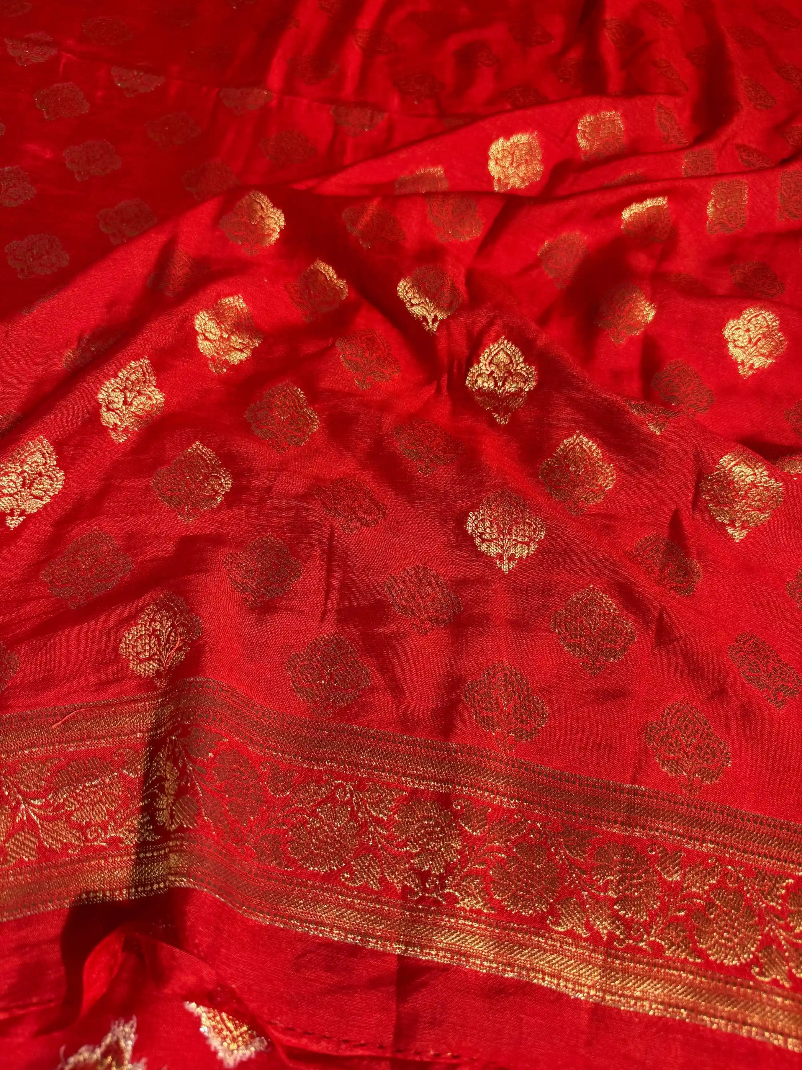 Premium Bridal Red Banarasi Cotton Suit with Rich Heritage Texture Design