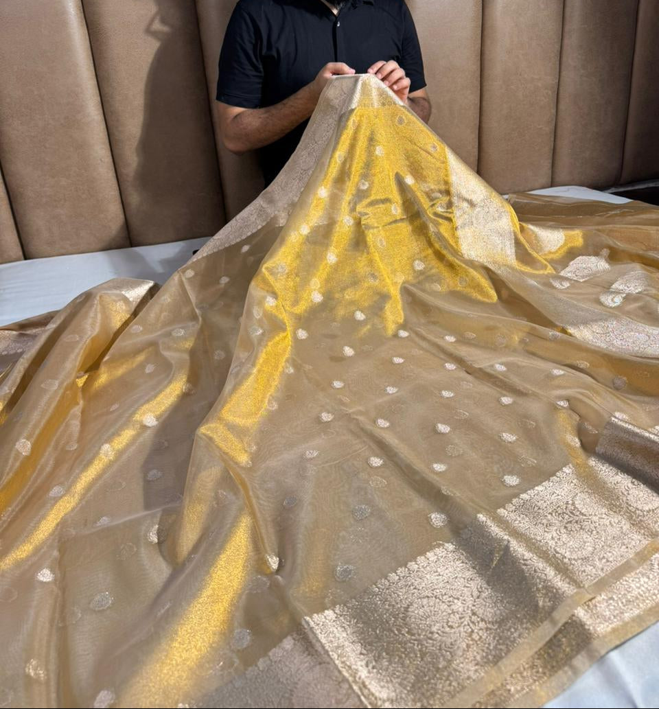 Premium Copper Tissue Silk Banarasi Saree with rich pallu and blouse