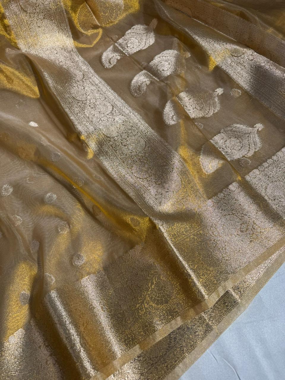 Premium Copper Tissue Silk Banarasi Saree with rich pallu and blouse