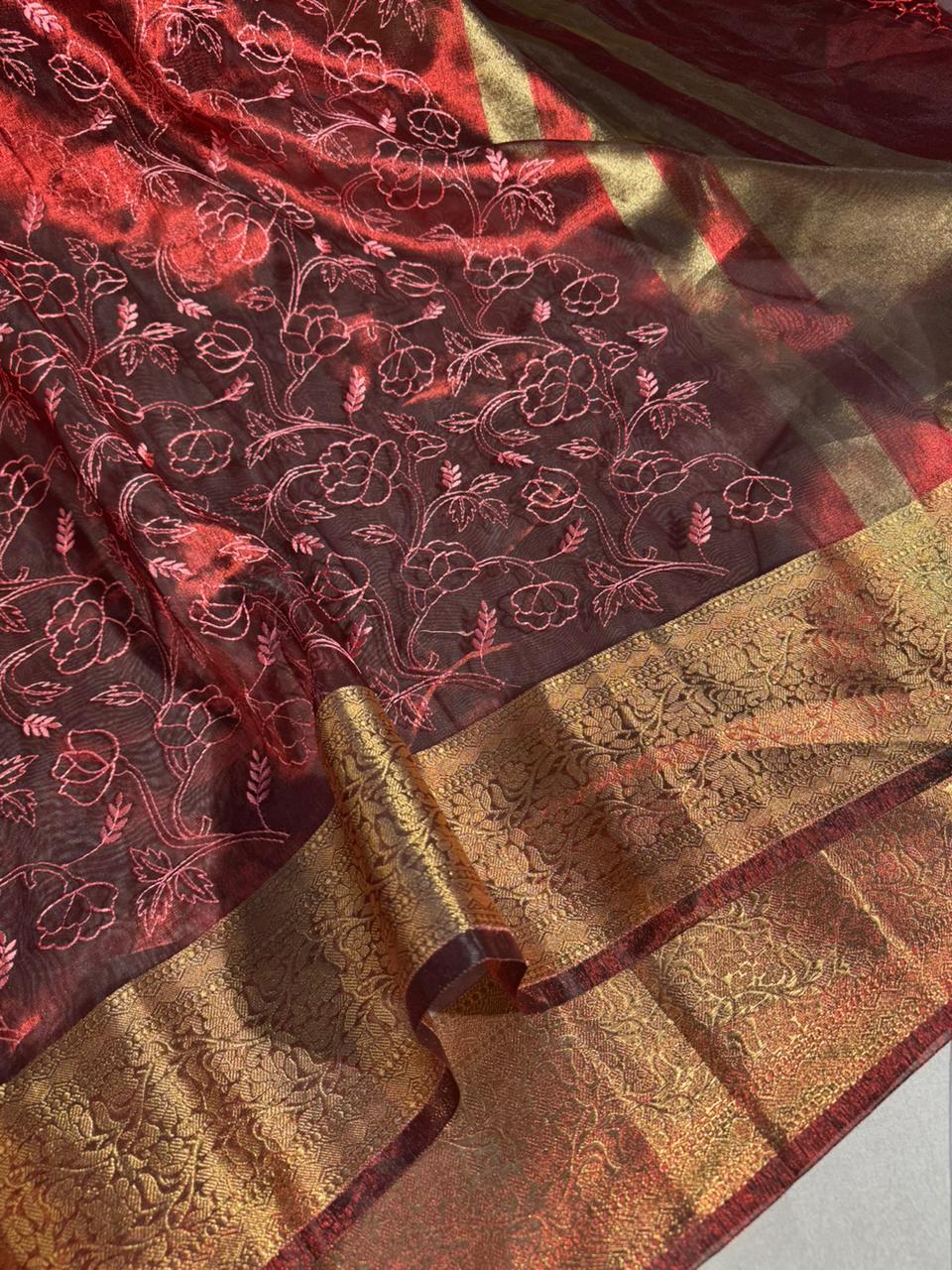 Premium Maroon banarasi chikankari tissue silk saree with rich zari pallu and blouse