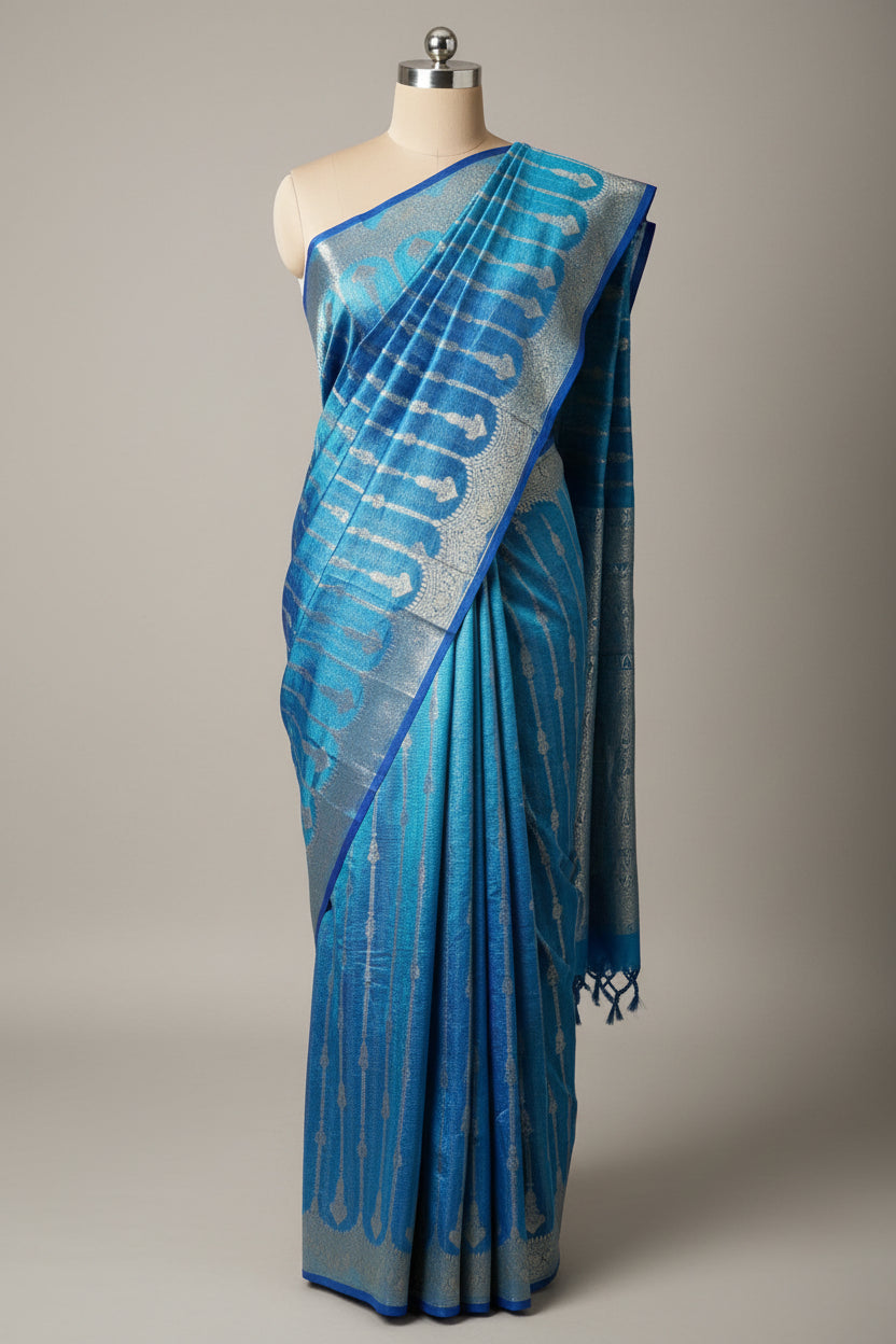 Metallic Blue Crush Tissue Silk Banarasi Saree