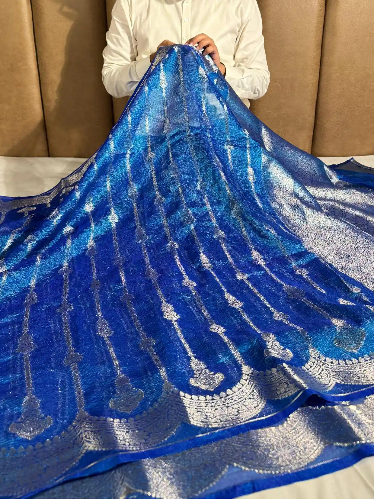 Premium Metallic Blue crush tissue silk saree with rich pallu and blouse