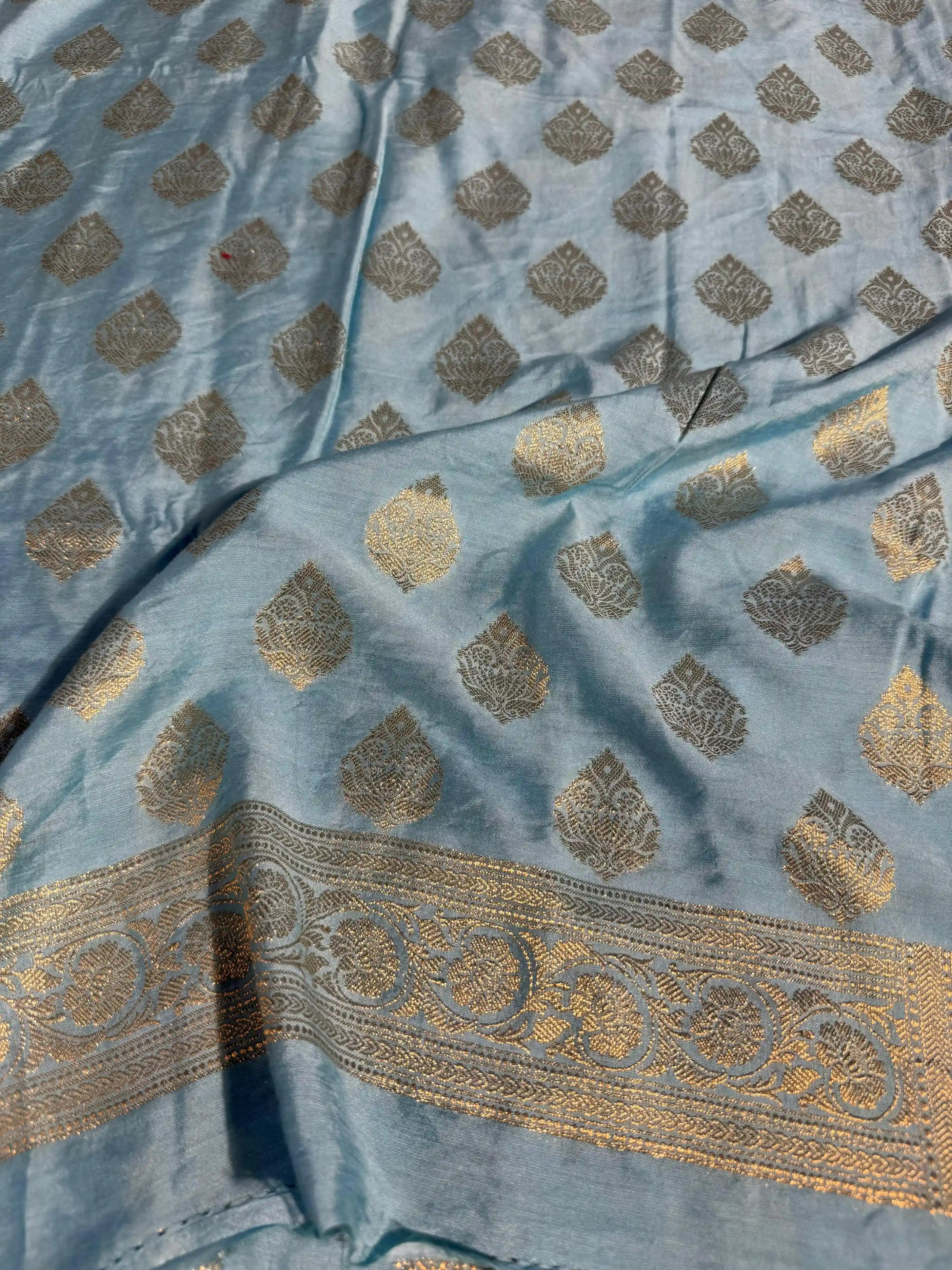 Premium Pastel Sky Blue Banarasi Cotton Suit with Rich Heritage Texture Design