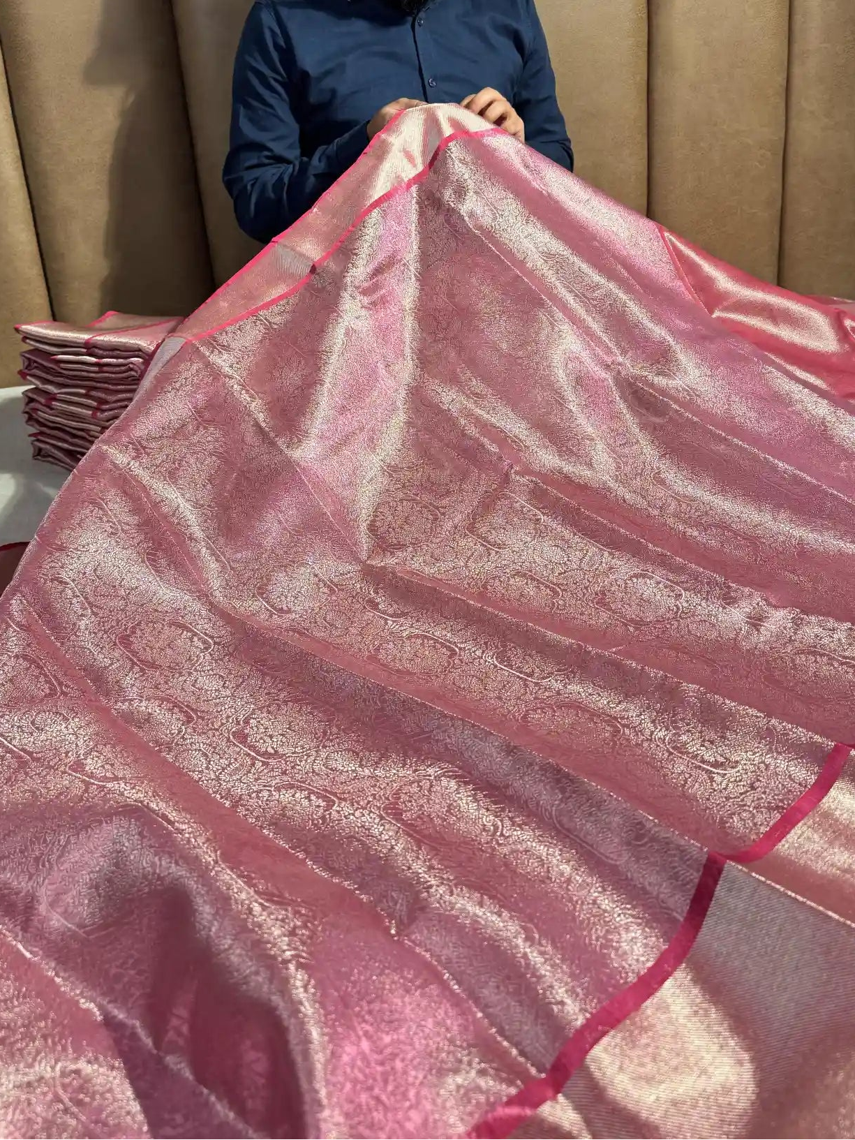Premium Pink Banarasi Glass Tissue Saree with Dual Tone