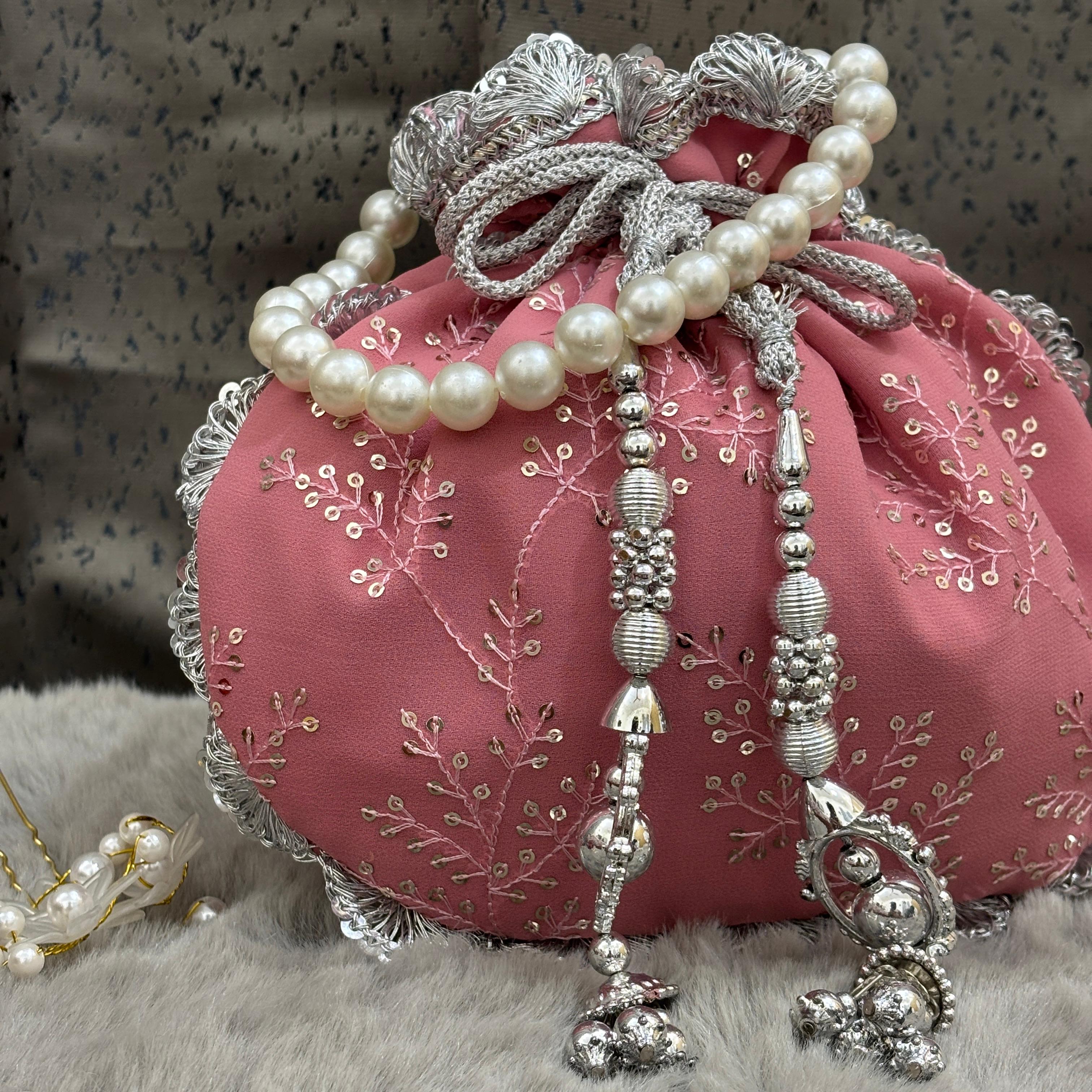 Premium Soft Pink Potli Bag with Embroidery work