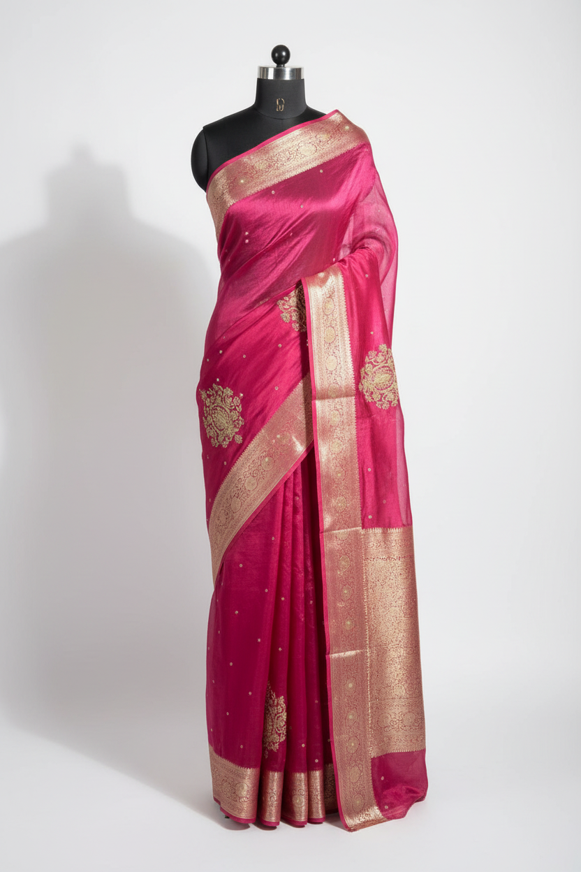 Rani Pink Premium handwork pure tissue silk Banarasi saree