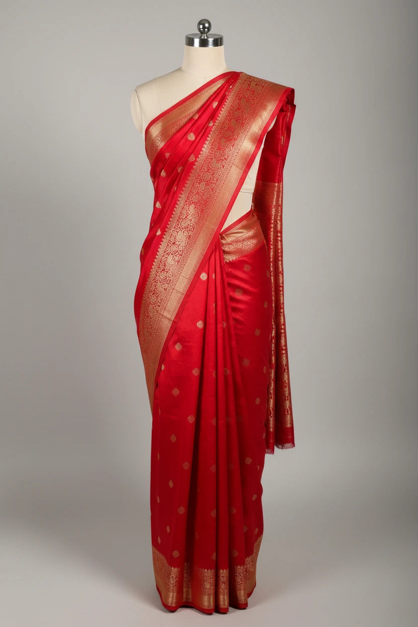 Pretty Cheery Red Chiniya Silk Banarasi Saree