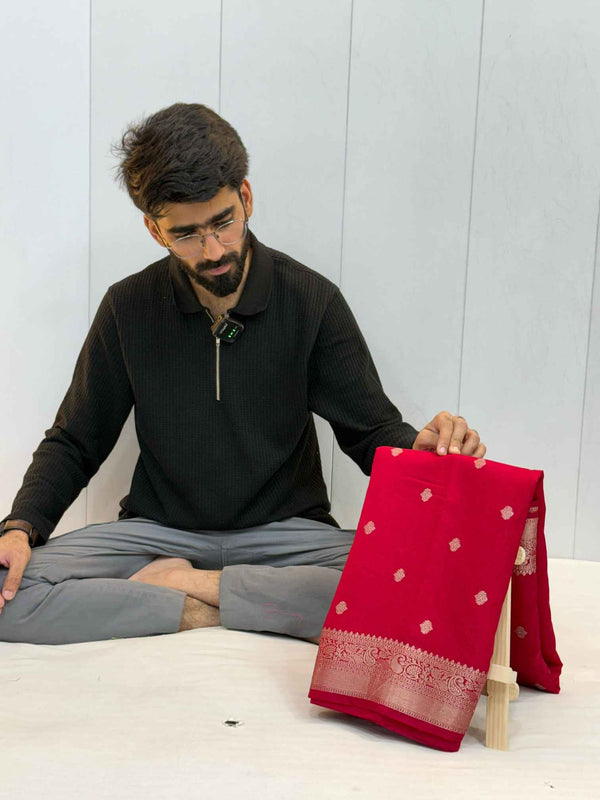 Pretty Cheery Red Exclusive Chiniya Silk Exclusive Banarasi Saree
