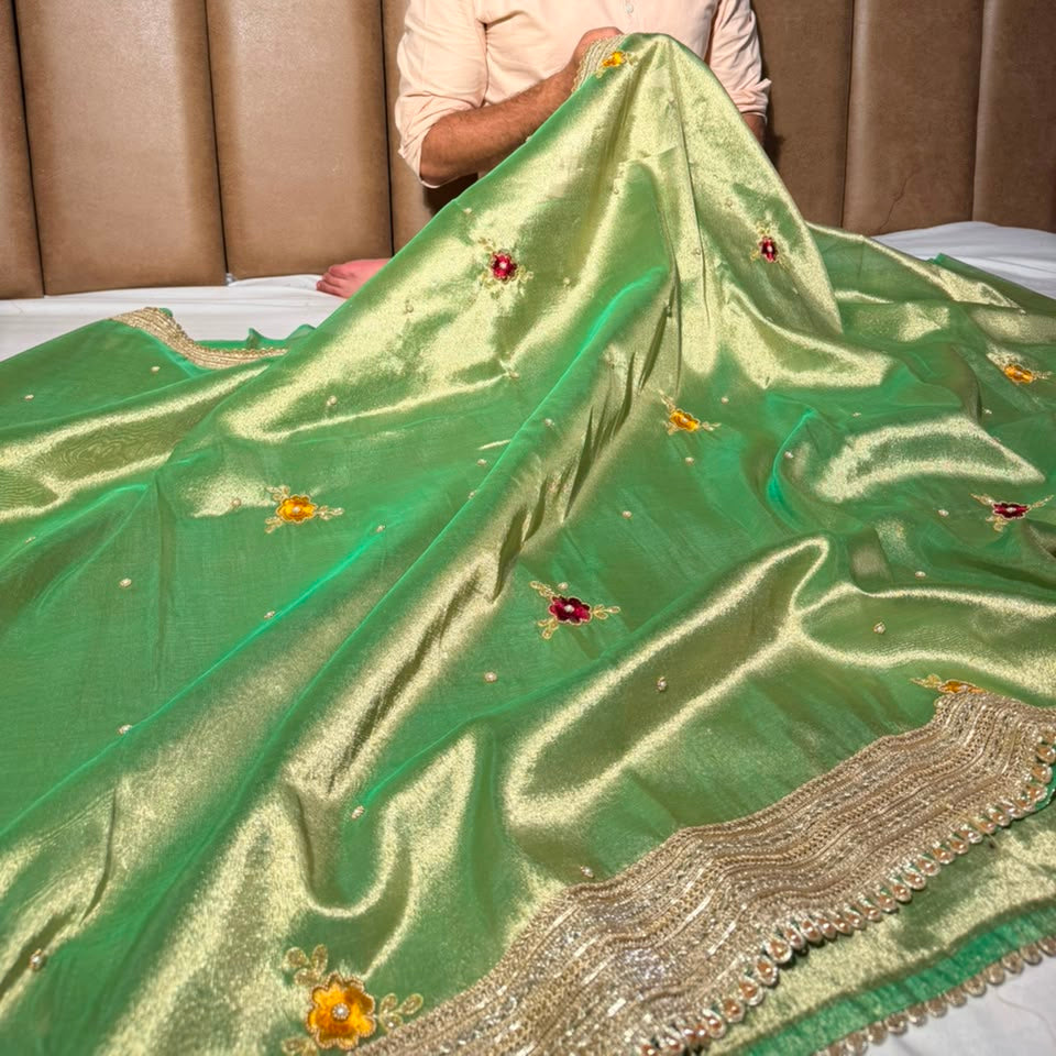Pretty Green Kora Tissue Silk Handwork Banarasi Saree