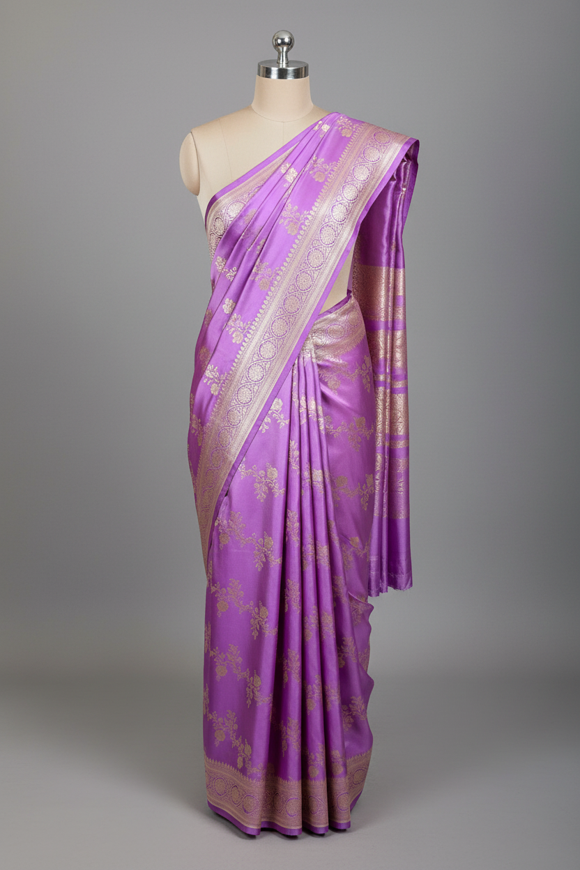 Pretty Lavender Mashru Katan Silk Leheriya Weave Banarasi Saree
