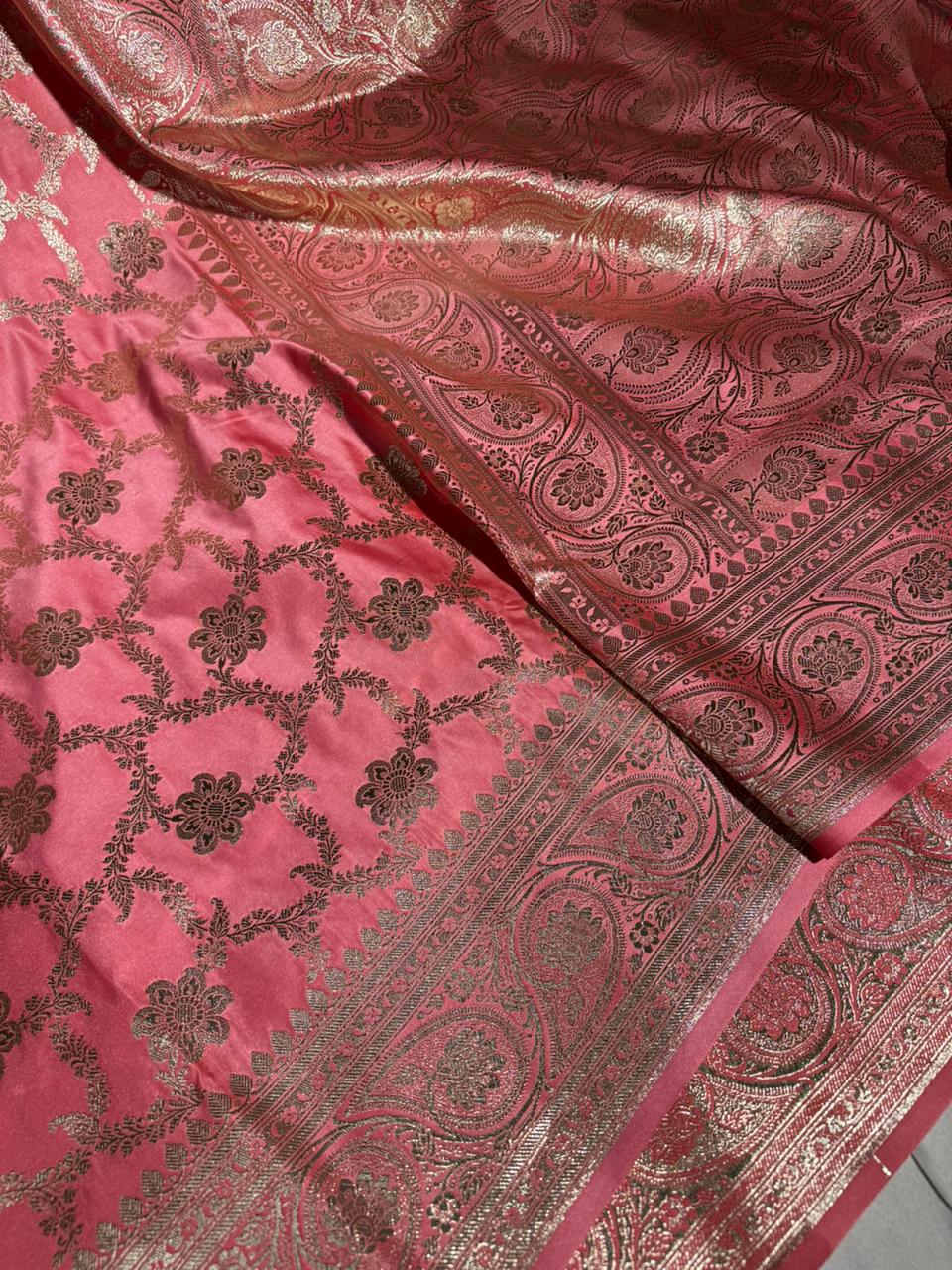 Pretty Peach Satin Silk Heritage Floral Weave Saree