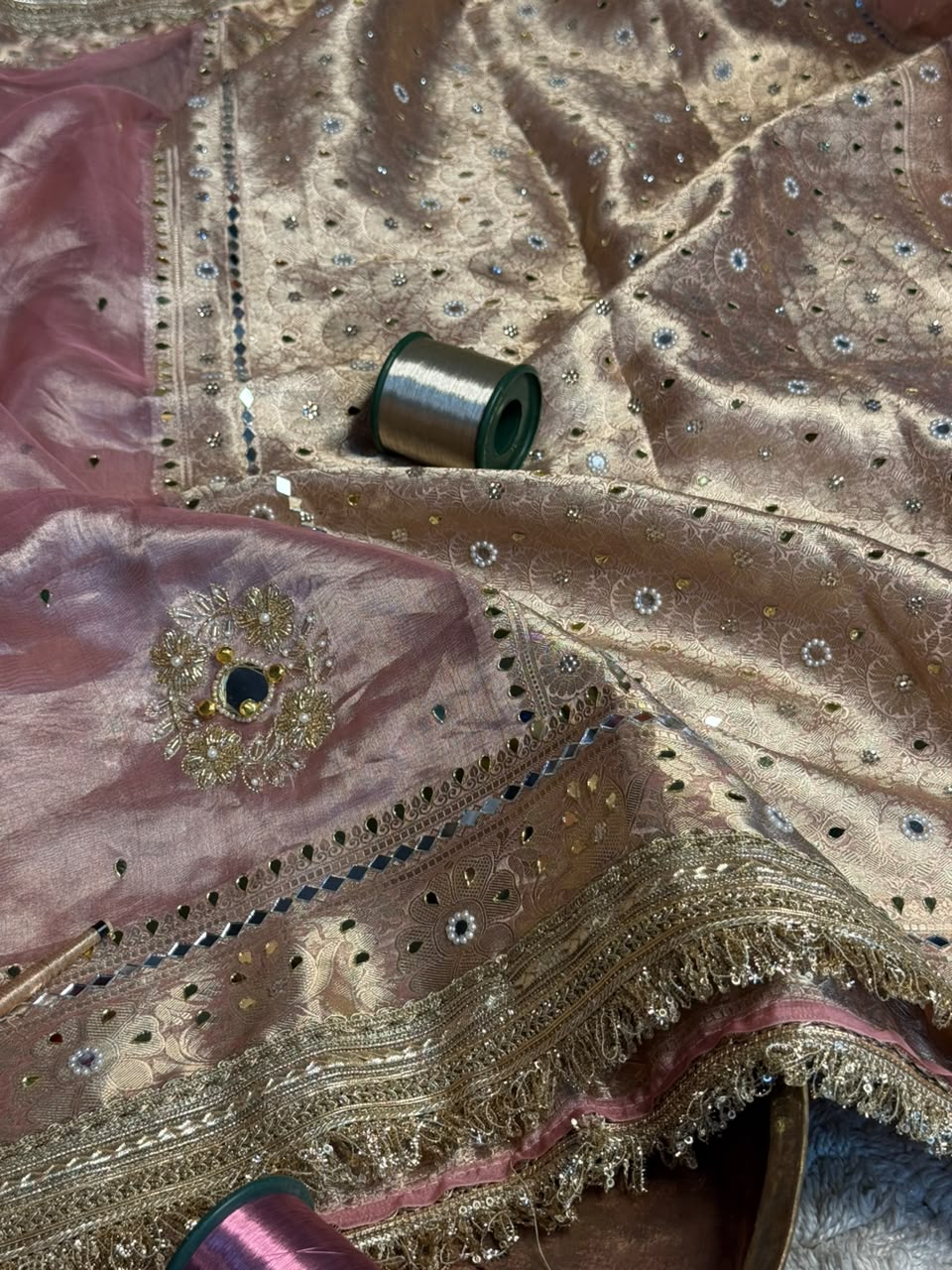 Pretty Pink Pure Tissue Silk Mirror Ghungroo Saree
