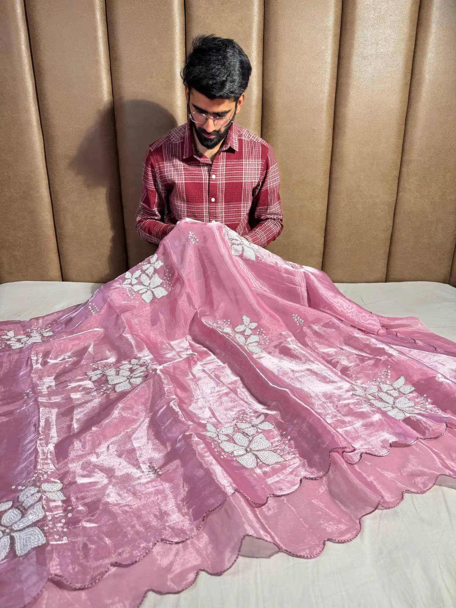 Pretty Pink Shimmery Tissue Silk Threads Sequins Work Designer Saree