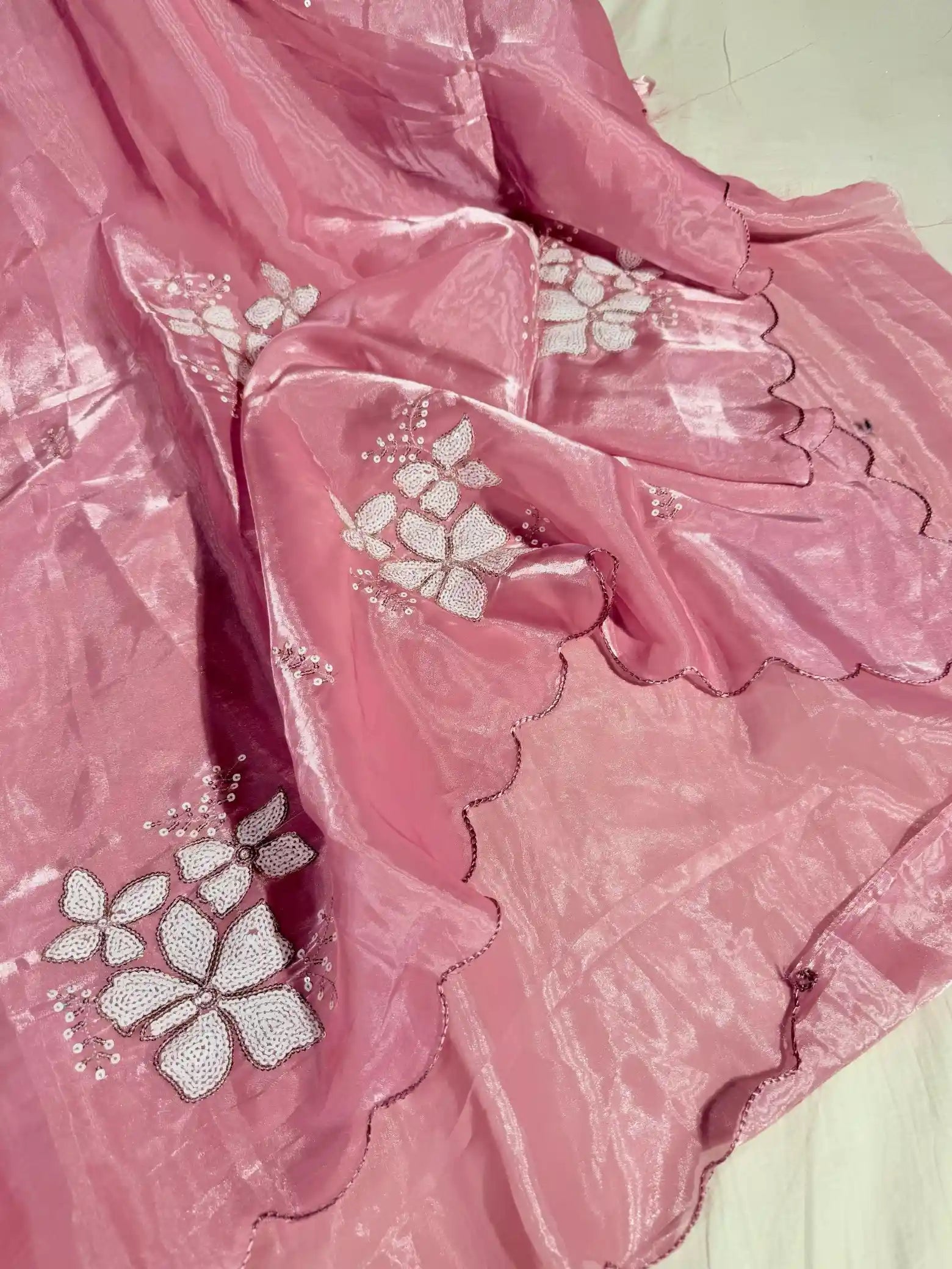 Pretty Pink Shimmery Tissue Silk Threads Sequins Work Designer Saree
