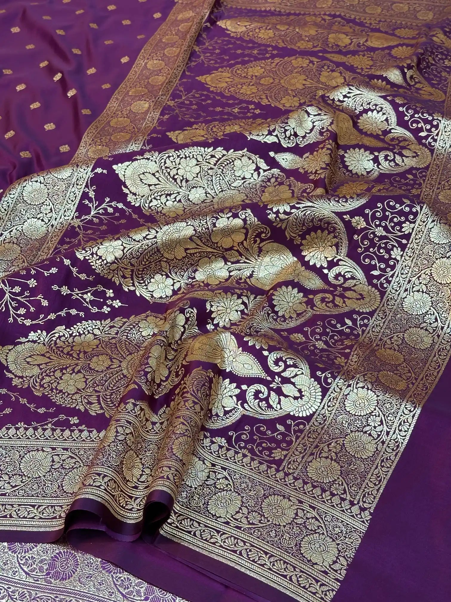 Purple Satin Silk Saree with Buta Dots Design and Classical Pallu