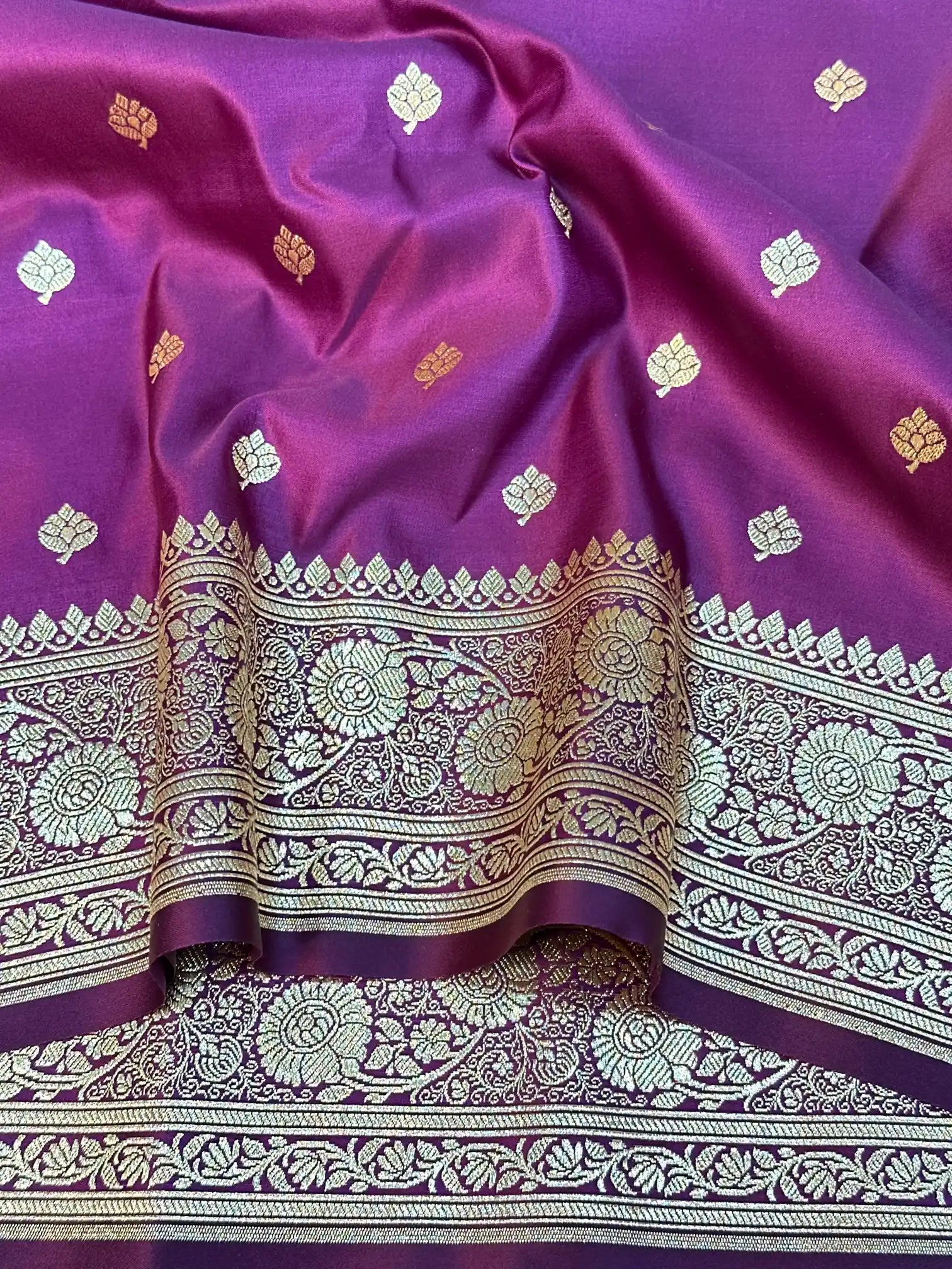 Purple Satin Silk Saree with Buta Dots Design and Classical Pallu