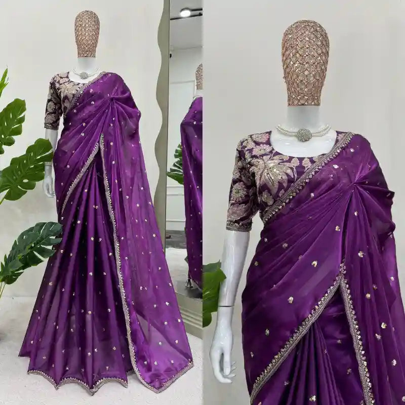 Purple Shimmery Tissue Designer Saree