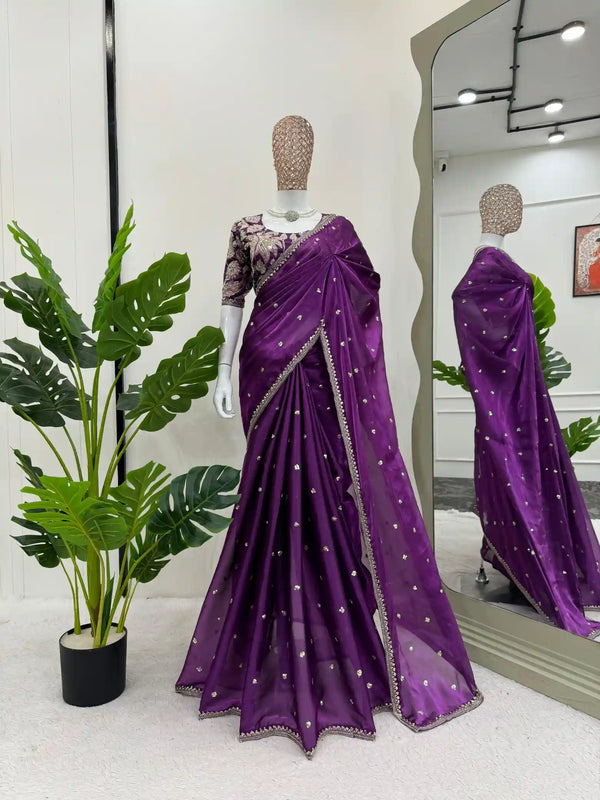 Purple Shimmery Tissue Designer Saree