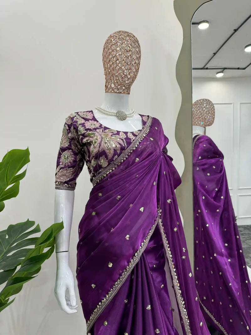 Purple Shimmery Tissue Designer Saree
