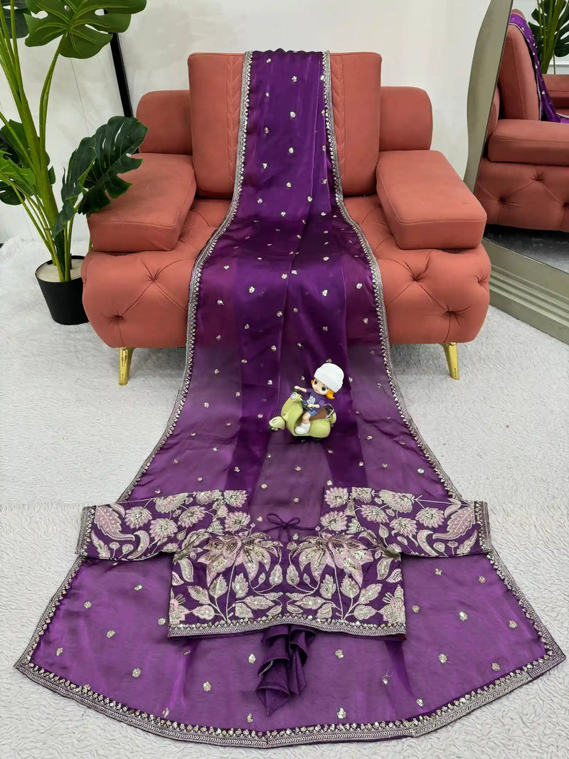 Purple Shimmery Tissue Designer Saree