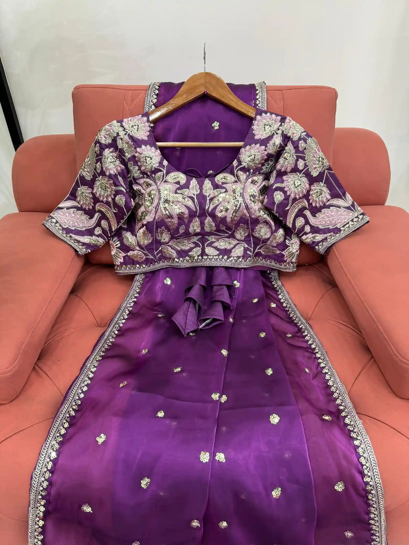 Purple Shimmery Tissue Designer Saree