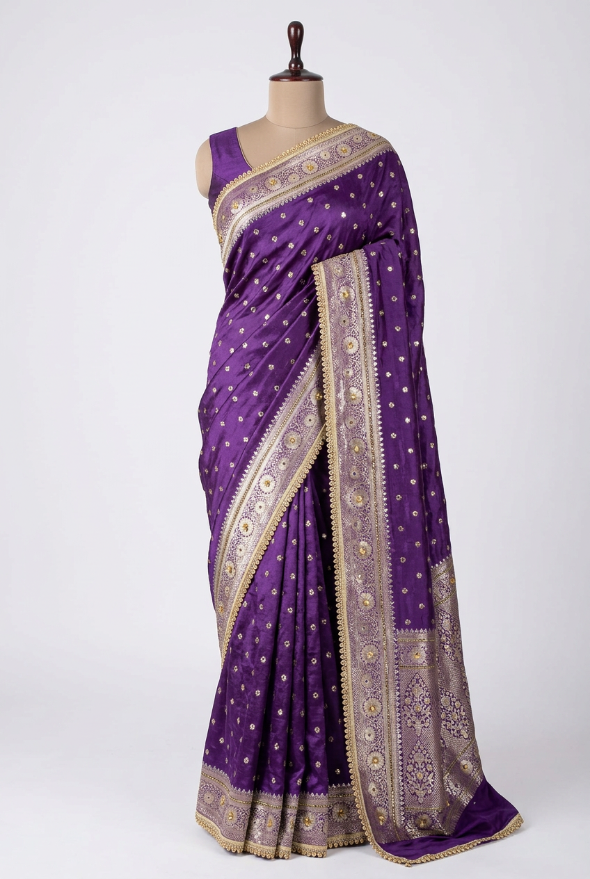 Purple Soft Georgette Ghungroo Mirror Work Saree