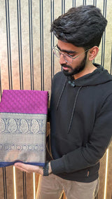 Purple Kanchi Kora Silk Zari Embossed Banarasi Saree