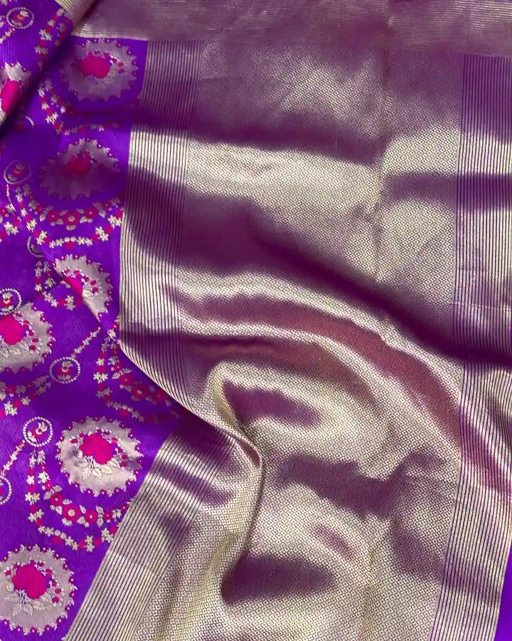 Purple Pure Katan Silk Rose Buta Banarasi Saree