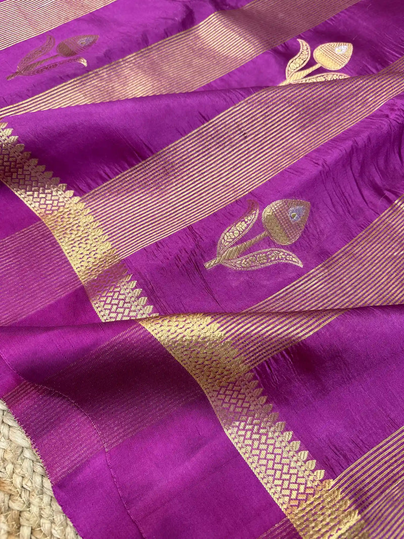 Purple Stripes Raw Mango Silk Banarasi Saree 02