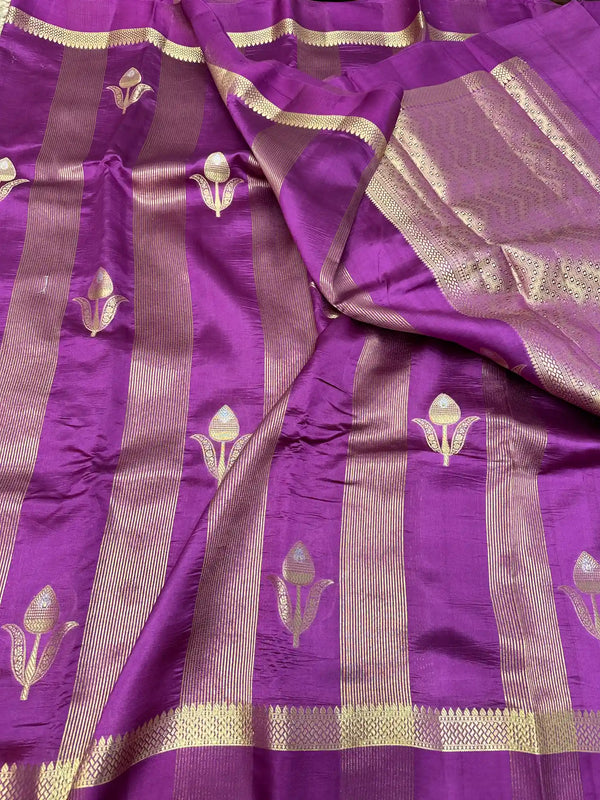 Purple Stripes Raw Mango Silk Banarasi Saree