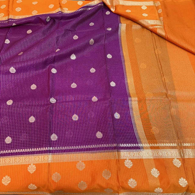 Purple Warm Silk Checks Buta Banarasi Saree