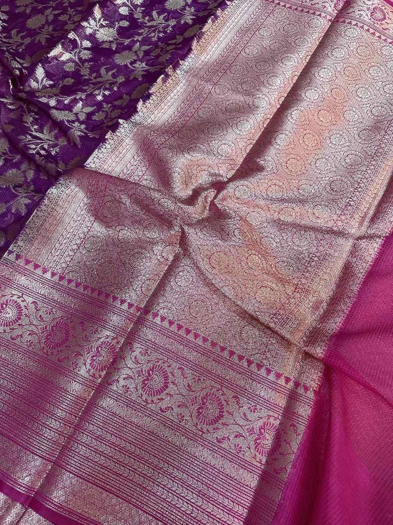 Purple Warm Silk Kota Checks Banarasi Saree