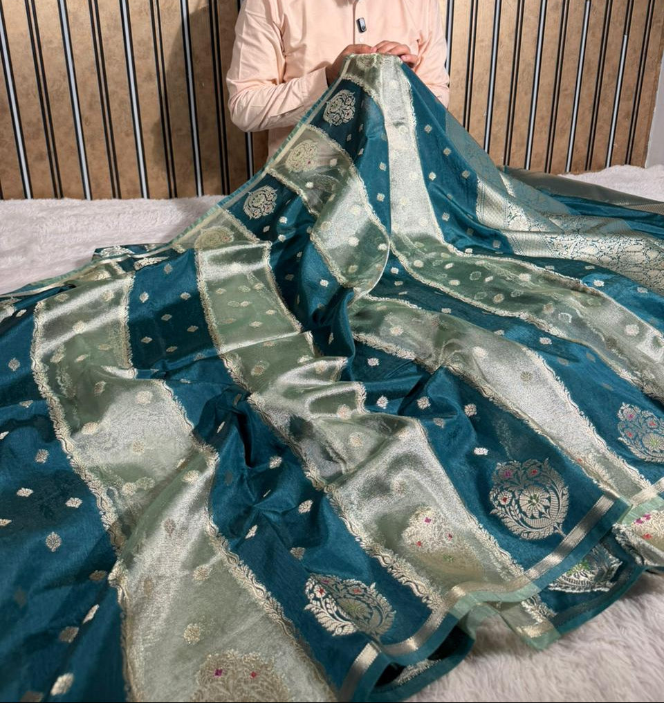 Pursian Blue Chinia Tissue Silk Heritage Weave Banarasi Saree