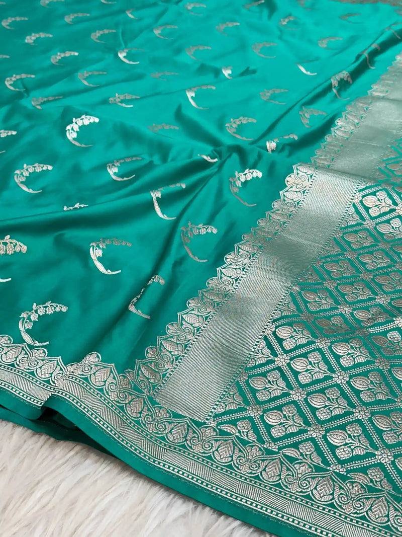 Rama Green Unique Buta Weave Mashru Silk Saree