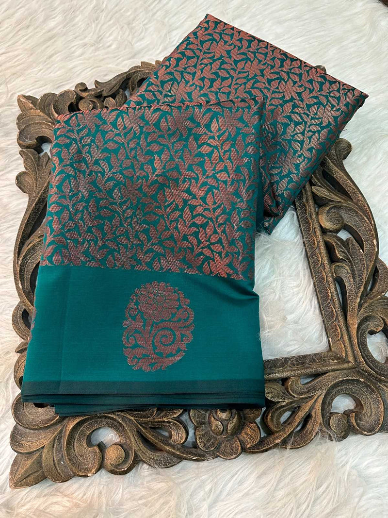 Rama Green Softsilk Brocade Pattern Jacquard Banarasi Saree