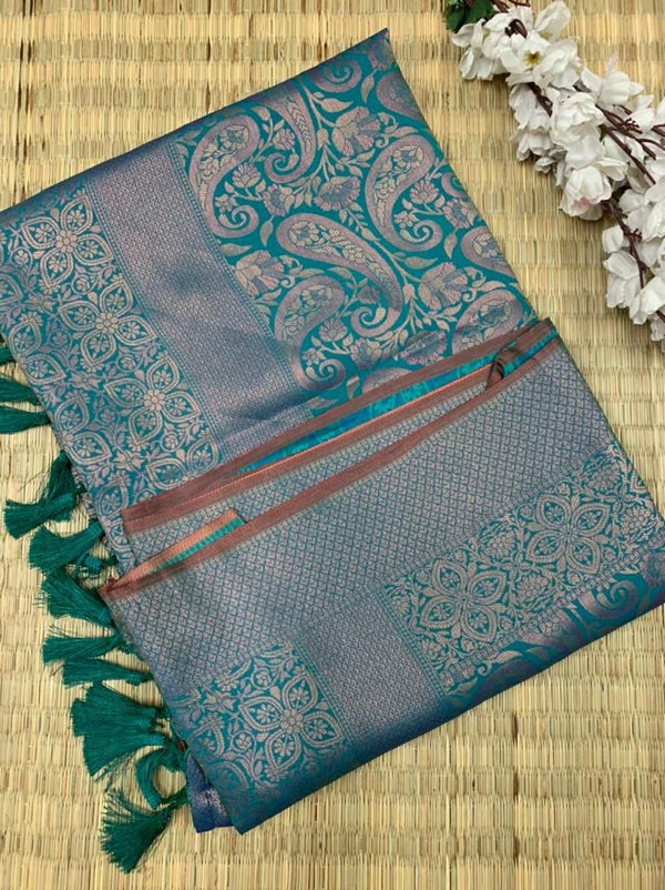 Rama Green Softsilk Carry Pattern Floral Design Saree