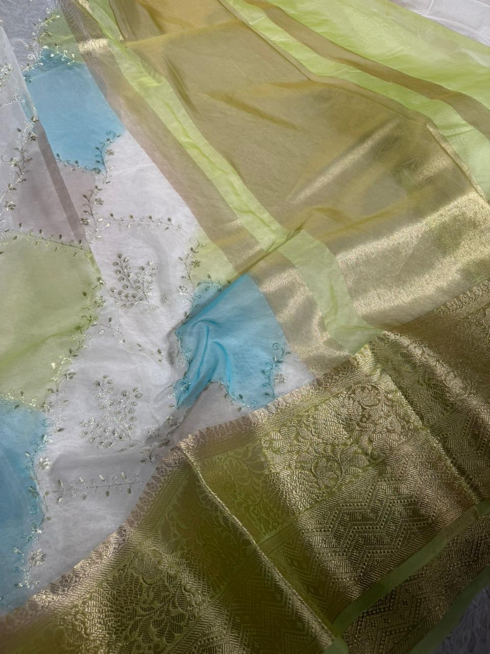 Rangkat Dyed Oragnza Chikankari Embroidered Banarasi Saree