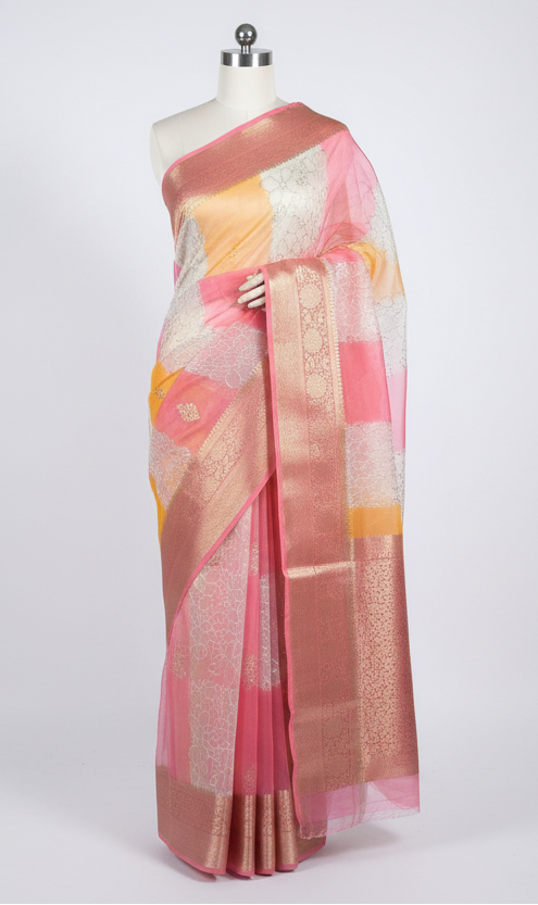 Rangkat Dyed Oragnza Banarasi Chikankari Embroidered Saree 