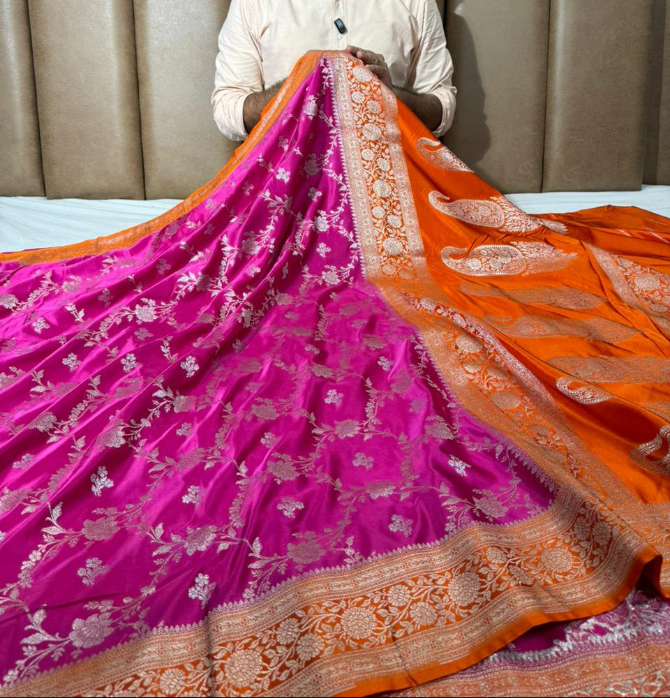 Rani - Orange Jaal Weave Mashru Katan Saree