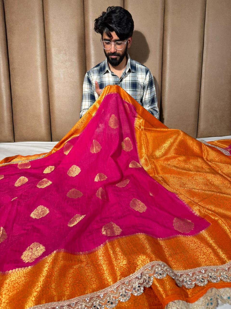 Rani-Orange Matka Silk Pearl Lace Work Saree