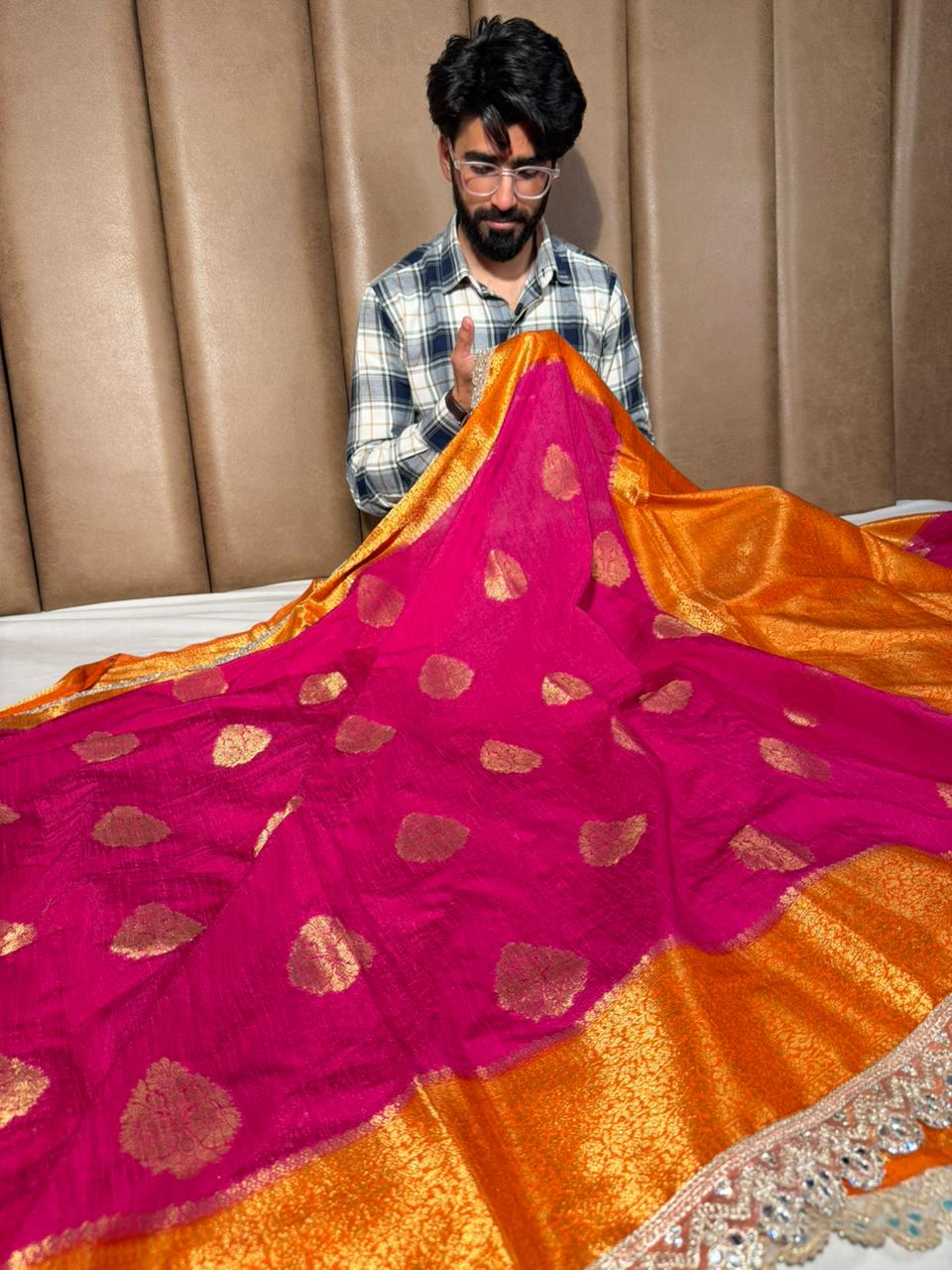 Rani-Orange Matka Silk Pearl Lace Work Saree