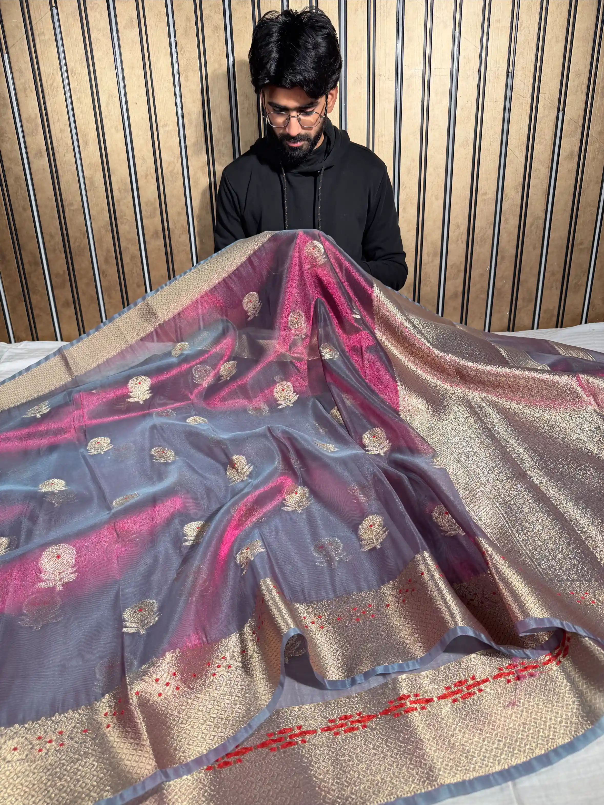 Rani Grey Dhoop Chaon Tissue Silk Heritage Meenakari Buta Banarasi Saree