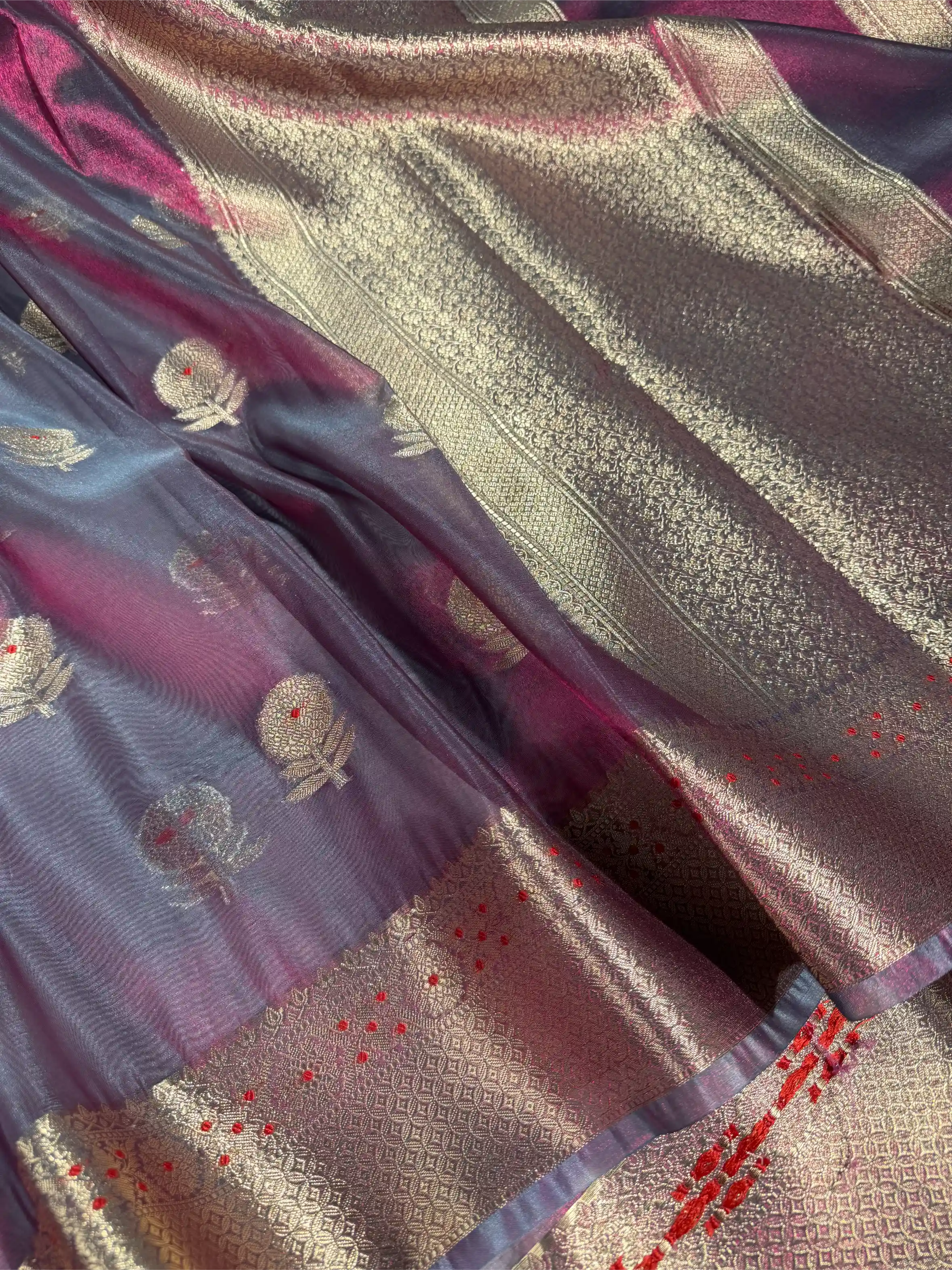 Rani Grey Dhoop Chaon Tissue Silk Heritage Meenakari Buta Banarasi Saree