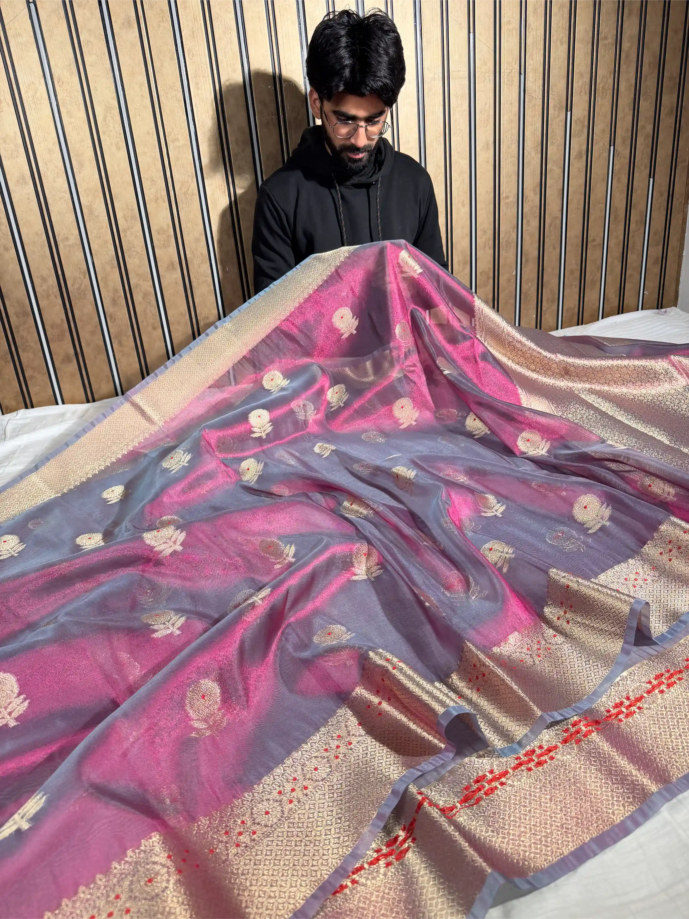 Rani Grey Dhoop Chaon Tissue Silk Heritage Meenakari Buta Banarasi Saree