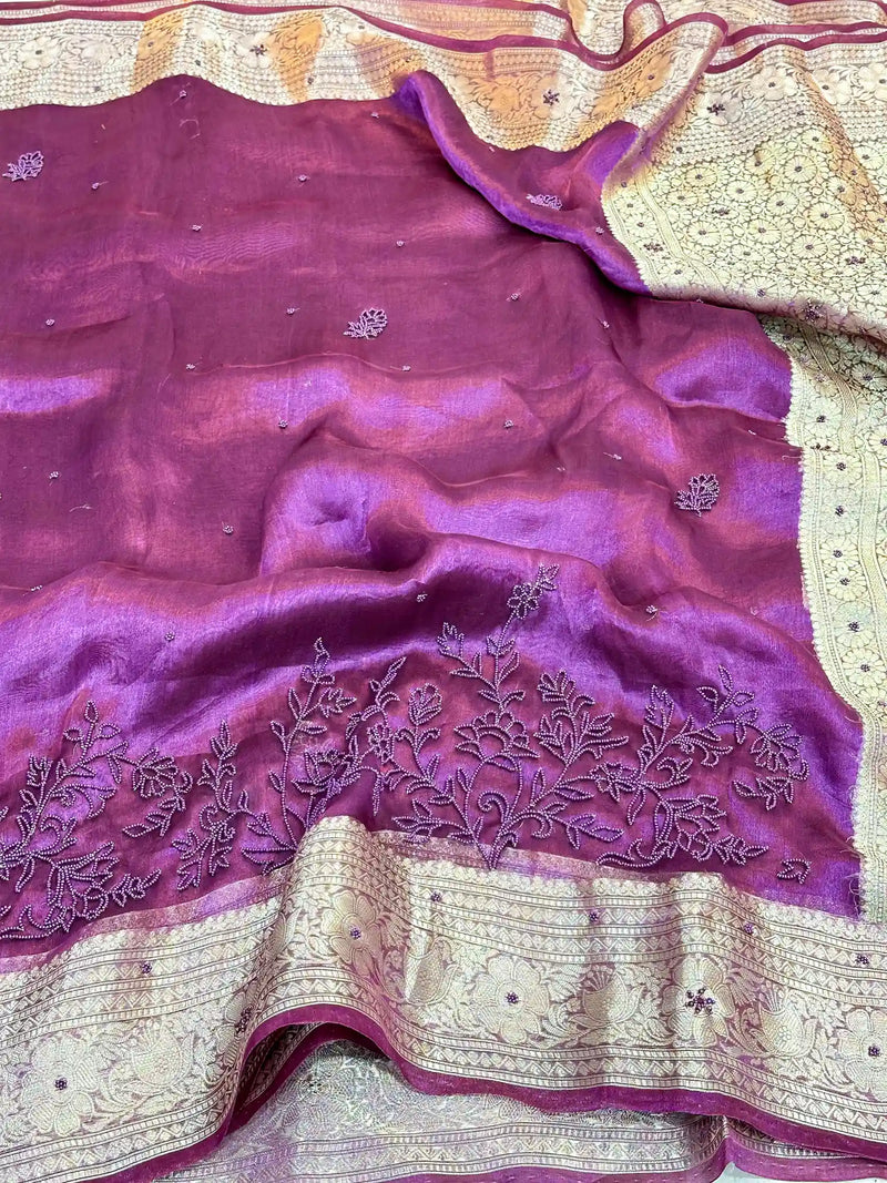 Rani Majenta Premium Handwork Pure Tissue Silk Banarasi Saree