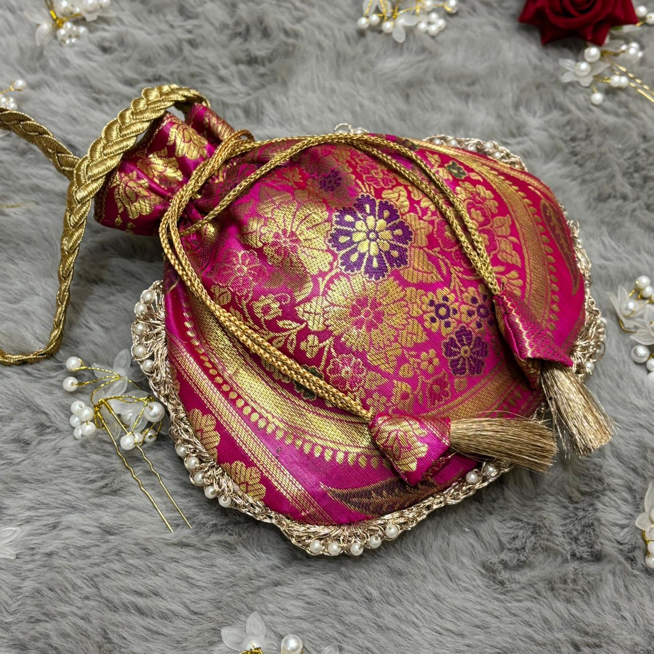 Rani Pink Beautiful Lace Work Banarasi Potli Bags