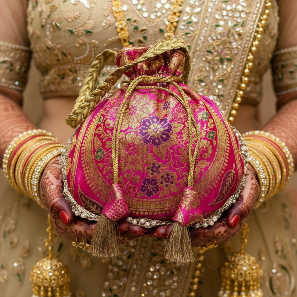 Rani Pink Beautiful Lace Work Banarasi Potli Bags